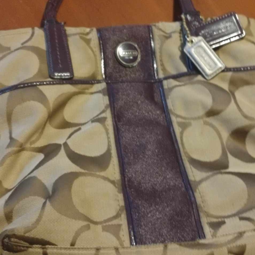 Coach Signature Tan and Purple Handbag